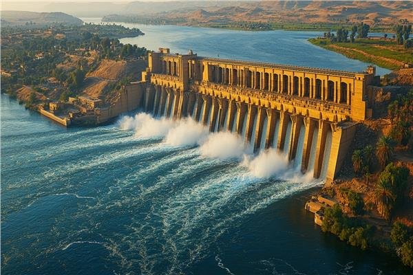 "Tourists enjoying the stunning panoramic views of Lake Nasser from the High Dam in Aswan, Egypt’s iconic modern landmark."